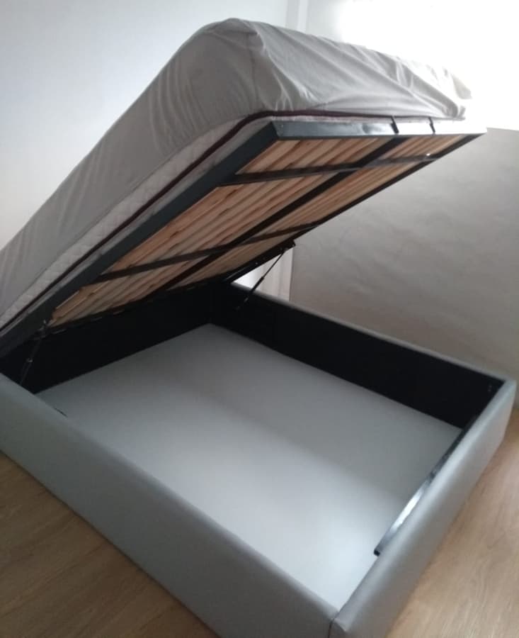 cama baulera en mdf tapizada ecocuero 2 plazas elevable con amortiguadores